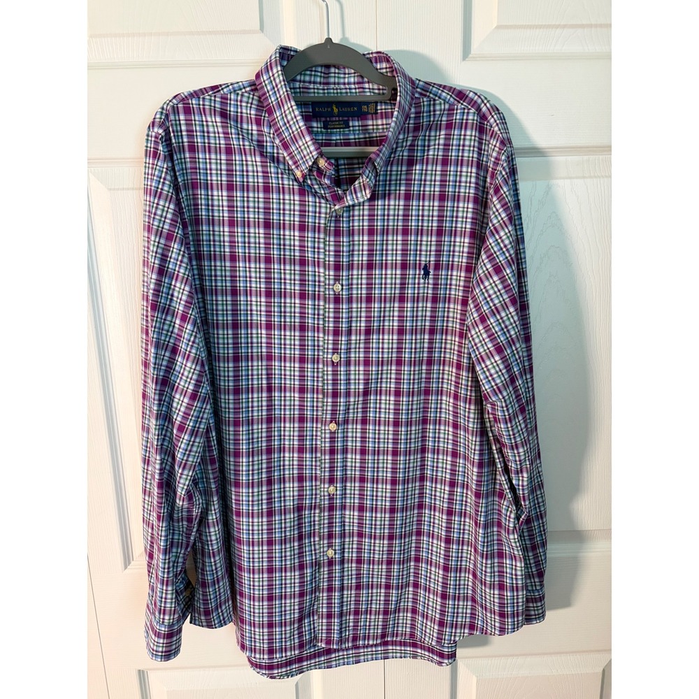 Polo Ralph Lauren Men XXL Classic Fit Performance Plaid Button Down Shirt Purple